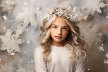 A young girl with snowflakes in her hair surrounded by a wintery backdrop on a snowy day