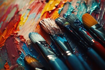 Fototapeta premium A group of paintbrushes are laid out on a canvas with a colorful background