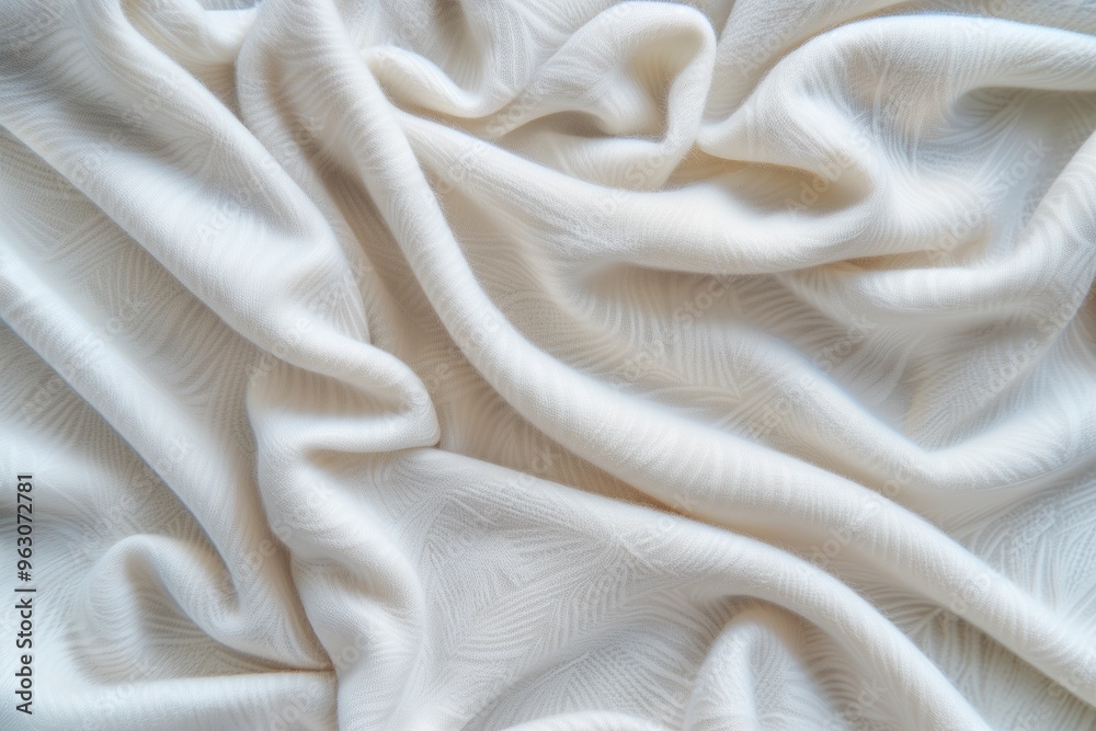 Aufkleber Close-up view of white fabric with subtle gray pattern. Crumpled texture adds interest. Blurred background focuses on fabric details. Soft, luxurious fabric used in projects.