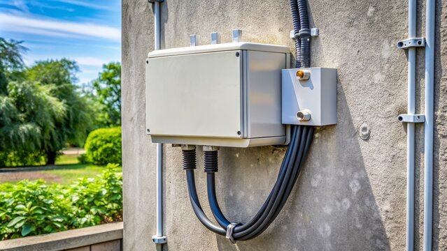 A weatherproof electrical junction box is mounted on the exterior concrete wall, ensuring a reliable connection for