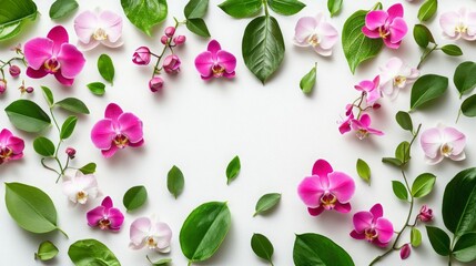 Pink Orchid Flowers with Green Leaves on White Background