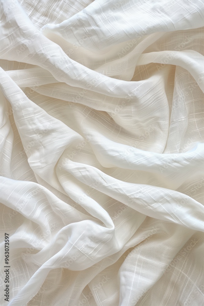 Poster white fabric with subtle texture, folded intricately. gray background showcases fabric texture. used