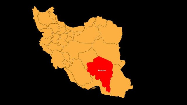 Kerman map animated video. Location is highlighted on the Iran map. Color with a transparent PNG background in video format.	