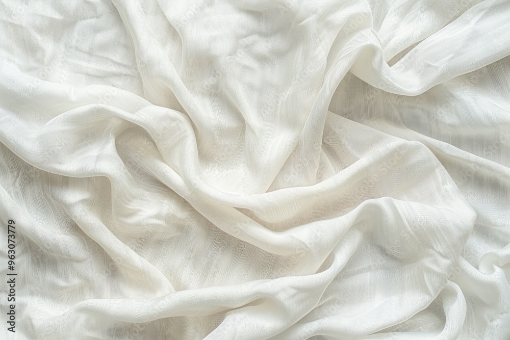 Aufkleber Close-up view of white fabric with slightly wrinkled texture. Fabric possibly a sheet or curtain with blurred background focusing on its smooth surface. No texts or objects present in image.