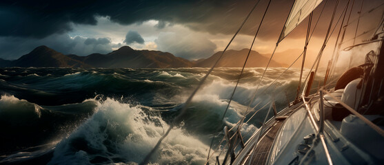 Sailboat on the sea, ocean. Sailing through the waves.