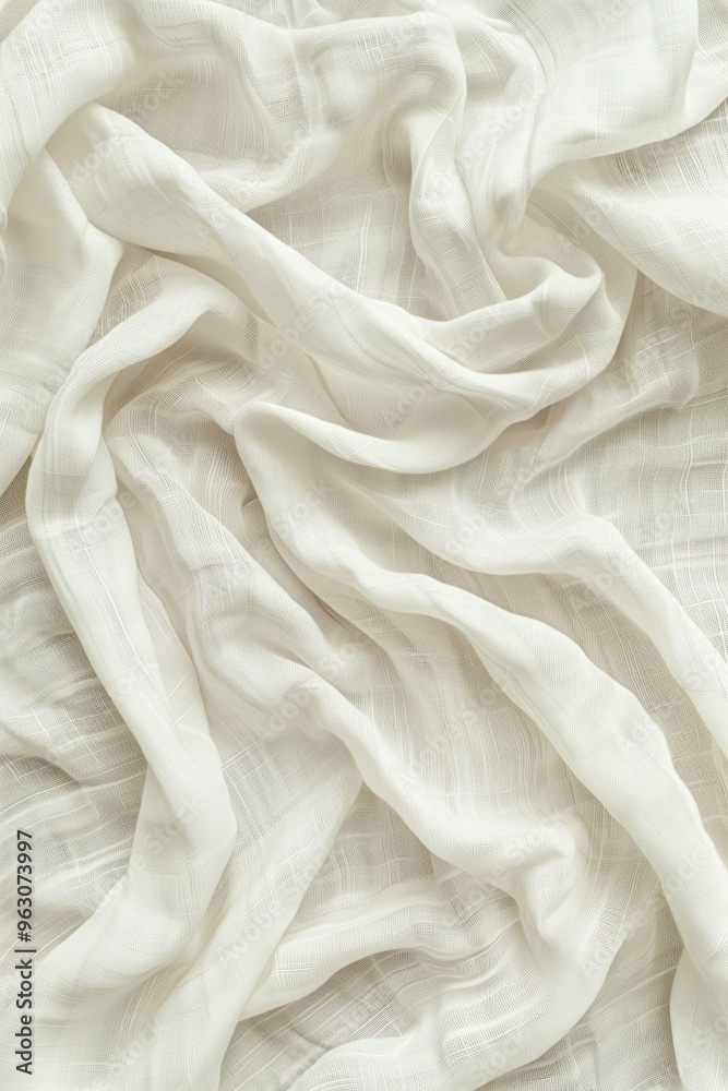 Poster Close-up view of white fabric with slightly curled texture. Fabric appears smooth and even with blurred background drawing focus to its surface. Perfect for fashion, textile, or design projects.