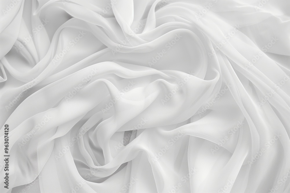 Aufkleber Close-up view of white fabric possibly chiffon or silk with subtle sheen. Fabric folded in half revealing intricate texture and layers on light gray background creating visually striking effect.