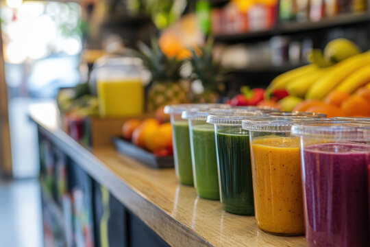 Plastic cups filled with colorful, healthy smoothies are lined up on a counter in a small shop