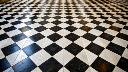 Black and white squares, meticulously arranged in a symmetrical pattern, produce a classic checkered flooring that