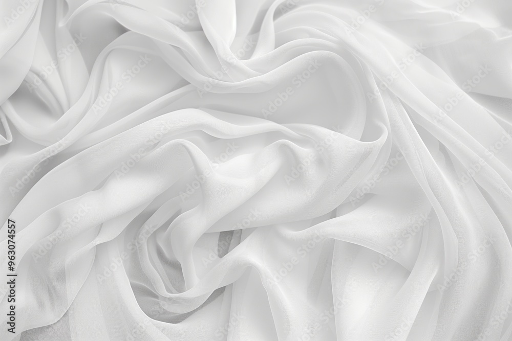 Poster Close-up of white fabric with subtle gray stripe, smooth yet slightly wrinkled texture. Fabric appears to made from cotton similar material. Gray stripe adds contrast to monochromatic color scheme.