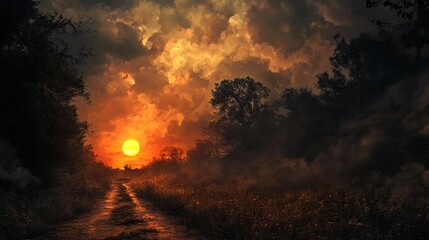 Naklejka premium The sun is setting, and darkness is starting to fall.