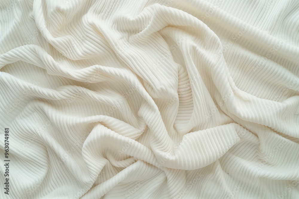 Aufkleber Close-up view of white fabric with crinkled texture, slightly tilted to right. Fabric has interesting visual effect, blurred background draws focus. No texts or objects present.