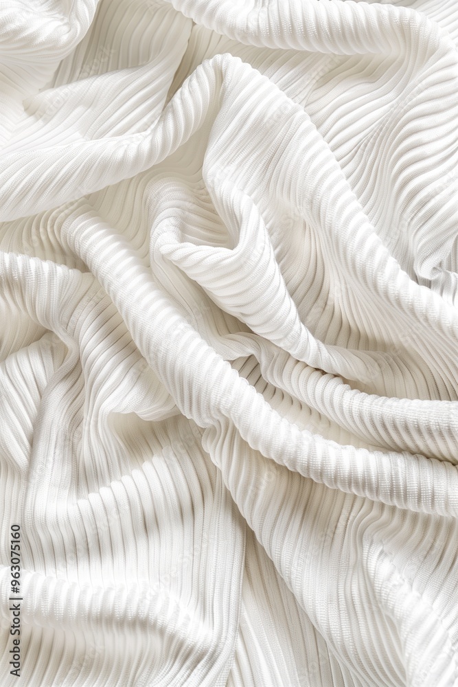Poster Close-up view of white fabric with crinkled texture folded in half showing intricate pattern and creases. Fabric stands out against solid gray background drawing attention to its unique design.