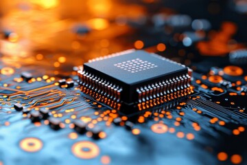 Close-up of a computer chip on a circuit board with glowing circuits, representing technology and innovation.