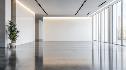 Obraz premium Minimalist Modern Office Interior with Concrete Columns, Plant, and Large Windows