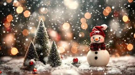 Festive Snowman with Miniature Christmas Trees and Snowfall