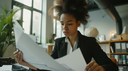 Focused Businesswoman Reviewing Documents at Her Desk
