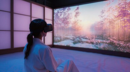 Naklejka premium A woman is sitting in a room with a large screen in front of her