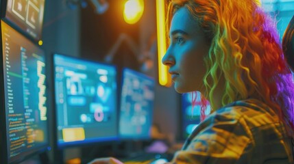 Obraz premium A woman with rainbow hair is sitting in front of a computer with a monitor in fr