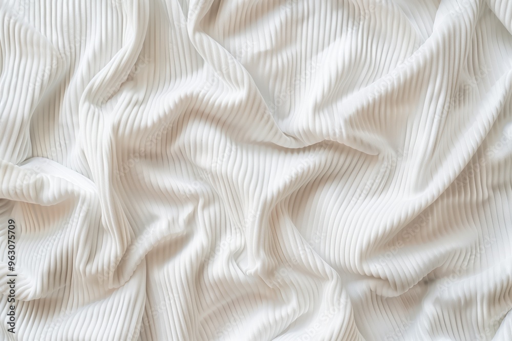 Poster white fabric with crinkled texture folded in half reveals intricate pattern. center stage against bl