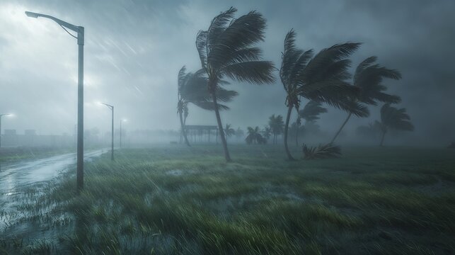 Tall palm trees sway vigorously in the strong hurricane wind