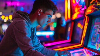 Obraz premium Young Man Playing Arcade Game with Neon Lights