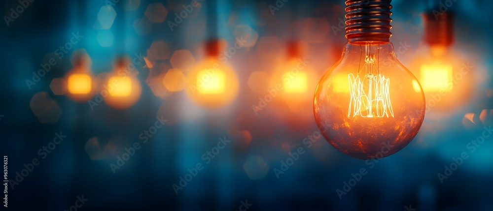 Sticker glowing lightbulb with bokeh background