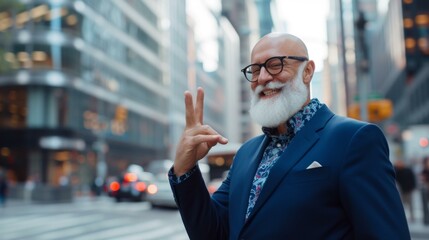 Smiling Man in Suit Making Peace Sign in City