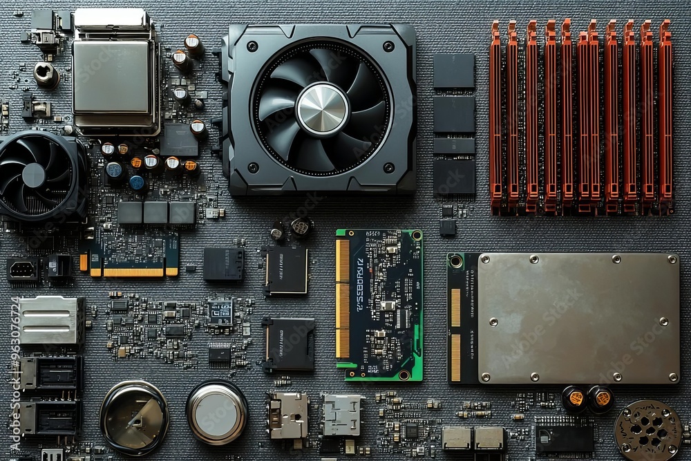 Fototapete frame of graphics card and other computer hardware on gray textured background, flat lay. space for 