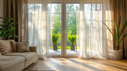 Home with bright interior doors and panoramic windows with sheer curtains.
