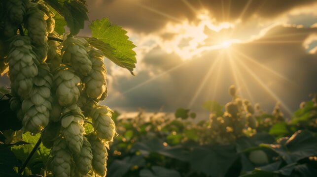Hop Cones in a Field at Sunset - A Beautiful Harvest