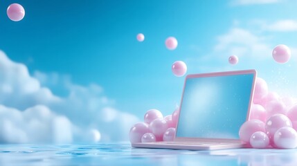 Pink Laptop Floating in Blue Sky with Bubbles