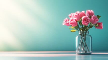 Fototapeta premium Pink Roses in Glass Vase on Teal Background