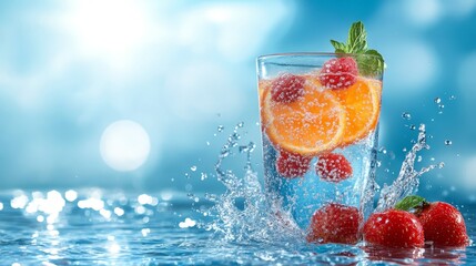 Refreshing Summer Drink with Orange  Raspberries  and Mint in Water Splash