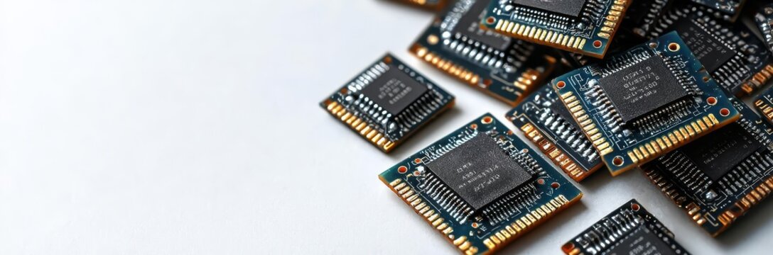 A collection of electronic chips showcasing detailed circuitry and design. Ideal for technology and innovation themes.