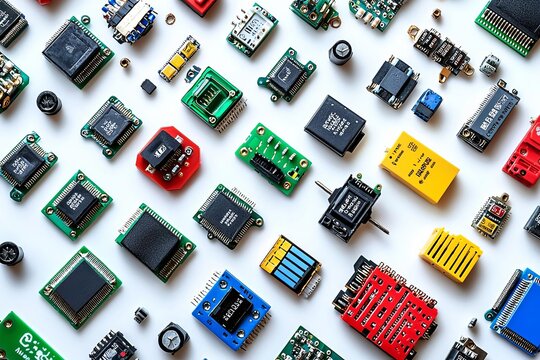 Top view arduino components and modules, Electric parts on a white background. Concept of a technical background.   , copyspace, copy space for text,