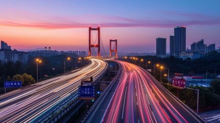 Obraz premium Cityscape with Bridge and Traffic at Sunset