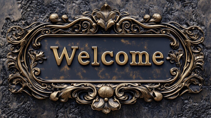 Luxurious welcome sign featuring ornate gold floral designs on a textured blue background, conveying elegance and sophistication.
