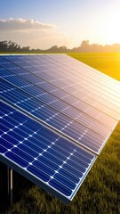 Solar panels glowing in a field under a bright blue sky, generating clean energy, Realistic, Warm tones, Photorealistic