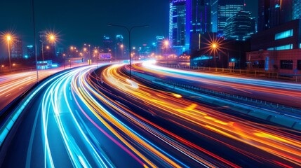 Obraz premium Night City Highway with Light Trails and City Skyline