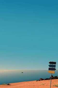 Minimalist seascape view from cliff with blank direction signboard pole have blue sky vertical background graphic illustration.