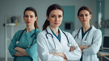 Fototapeta premium Team female colleagues doctor in medical uniform standing and looking at camera in hospital