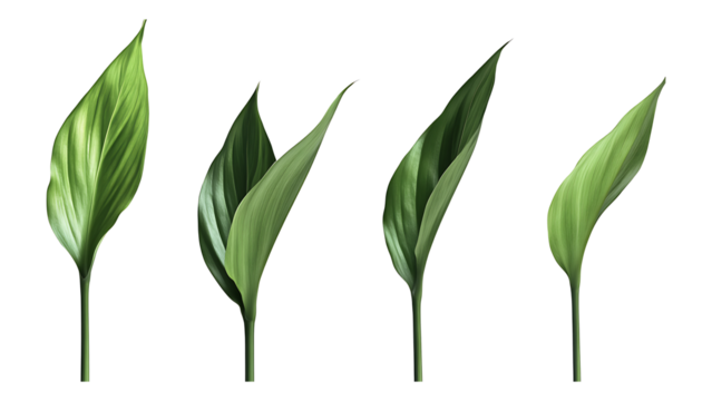 Four green leaf on a transparent background,Four Lily of the valley Leaf Isolated,Four Tropical Plant Leaves,leaf transparent png,Decoration work, green plants,Four green leafed plants, Ai   