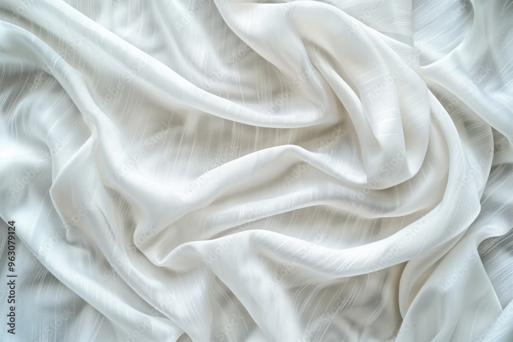 Poster Close-up view of white fabric possibly curtain or sheet with intricate texture and patterns. Fabric folded in half revealing details. Blurred background focuses on fabric texture.