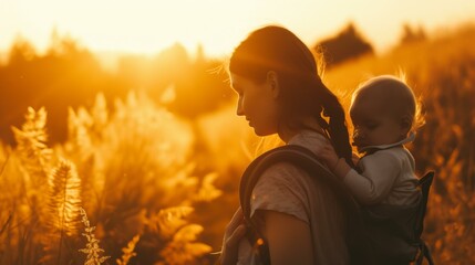 Mother and Baby Silhouette in Golden Hour Field