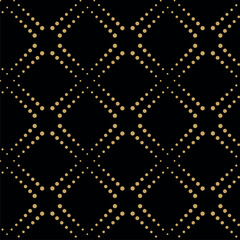 Abstract geometric pattern with circles, crosses, stripes, lines. Seamless vector background. Black and gold ornament. Modern reticulated graphic design.