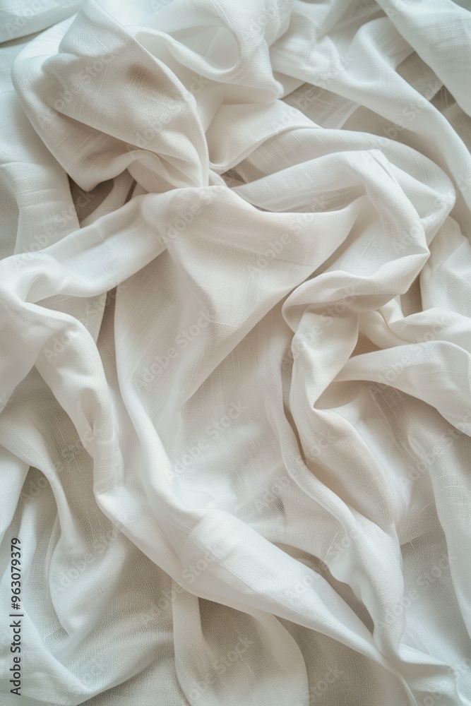 Poster Close-up view of white fabric possibly sheet curtain folded in half revealing intricate texture and patterns. Fabric smooth surface covers frame background with subtle variations in shades of gray.