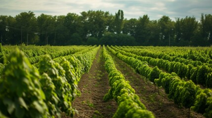 Serene Rows of Trees in a Lush Green Field