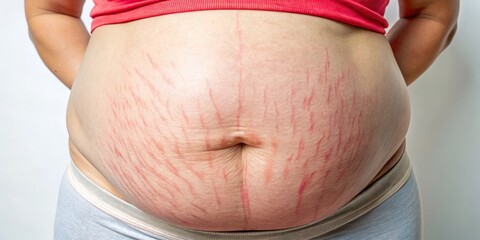 Faint, reddish stretch marks blend into the surrounding skin on the woman's abdomen, bearing testament to the