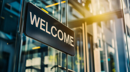 A sleek "Welcome" sign outside a modern glass office building, with reflections of the sky and trees, illuminated by warm sunlight.
